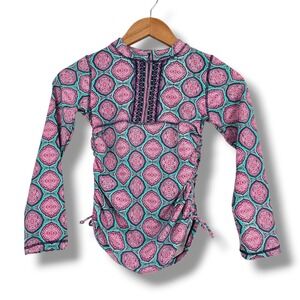 Cabana Life Girls Pink Turquoise Medallion Long Sleeve Rash Guard Swim Top 10